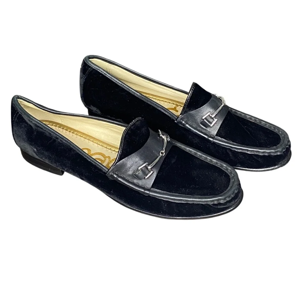 Sam Edelman Talia Velvet Loafers Black Leather Bit Buckle Women's Shoes 8